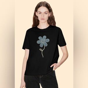 Black T-Shirt with Rhinestone Embellished Denim Floral Design